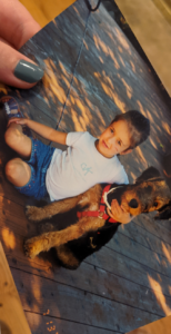 Holding a photo of myself at age 6, hugging my Airedale Terrier puppy.